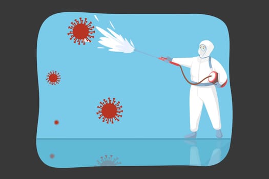 Disinfection, coronavirus, protection, biohazard concept. Man in hazmat and protective suit respiratory mask gas cylinder spraying pesticides against 2019ncov infection. Chemical defense or precaution
