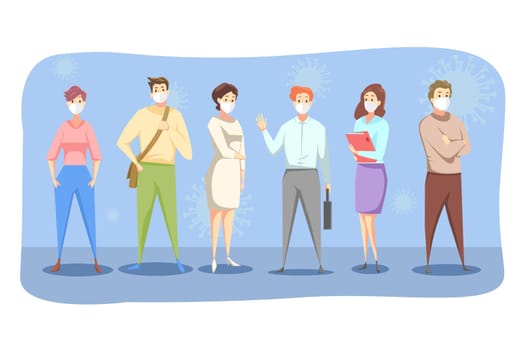 Coronavirus, healthcare, infection, protection concept. People men women in medical face masks stand together. Protection from virus or air pollution smog vapor and pollutant gas emission illustration
