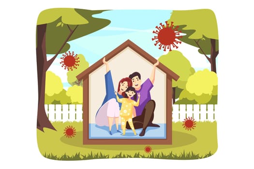 Protection, quarantine, healthcare, danger, coronavirus concept. Stay home illustration. Family father mother child girl daughter sit house on viral epidemic pandemic 2019ncov lockdown self isolation.