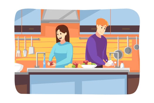 Hygiene, disinfection, cooking, coronavirus, protection concept. Woman girlfriend washes hands man boyfriend washing fruits together at home on quarantine. Preventive measures from covid19 infection.