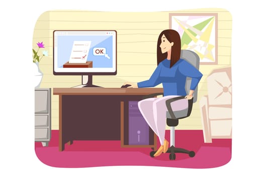 Business, politics, votes concept. Young businesswoman girl freelancer sits at home with computer voting remotely. Modern electronic voting system for election government rules and public projects.