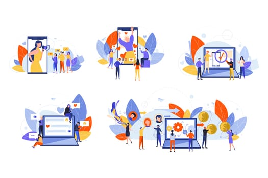 Social media, marketing, monetization, promotion, content set concept. People men and women influencers followers using social network. Content monetization. SMM blogging. Social media promotion.