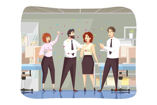 Success, business, congratulation, goal achievement concept. Man boss leader team of colleagues coworkers congratulate successful businesswoman employee together. Reaching purposes and accomplishment.