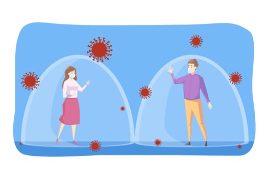Coronavirus, social distancing, infection, protection concept. Youn man boy woman girl keeping safe space from each other. Preventive measures for avoiding from 2019ncov or covid19 spreading infection