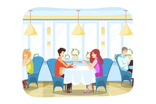 Couple, love, meeting, communication concept.Young boyfriend and girlfrined man and woman sitting in cozy cafe drinking coffee tea and talking together. Romantic date for lovers in informal atmosphere