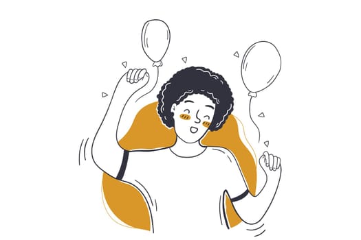 Party, celebration, birthday concept. Young happy smiling joyful woman teenager girl cartoon character dancing with air baloons celebrating success enjoying festive women day event vector illustration