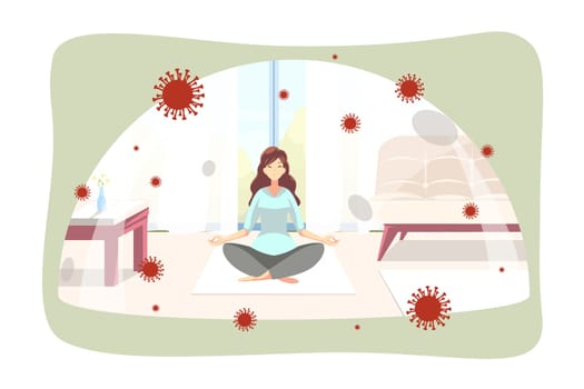 Quarantine, coronavirus, meditation, protection concept. Woman girl doing yoga pose exercise under glass cap at home on self isolation. Healthcare and staying home during covid19 and 2019ncov lockdown