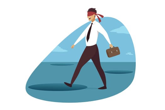 Business crisis, danger, trap concept. Young smiling blind businessman clerk manager walking with bandage on eyes and falling in pit hole. Financial misfortune and economical bankruptcy illustration.