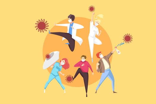 Protection, healthcare, fight, coronavirus, 2019ncov concept. People men and women with doctors nurses wearing medical face mask struggle against Covid19 desease together. Health safety illustration.