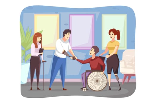 Meeting, disability, healthcare, medicine, cooperation concept. Young disabled handicapped people men women in wheelchair and prostheses standing shaking hands together. Business project agreement.
