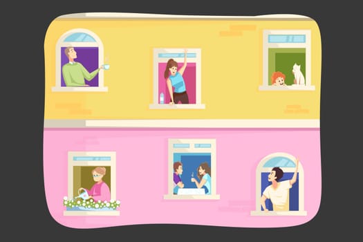 Coronavirus, quarantine concept. Men women people families neighbors in their own houses apartments on 2019ncov lockdown. Stay at home and self isolation during the covid19 outbreak illustration.