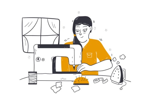 Manufacturing, mask production, coronavirus concept. Young woman tailor seamstress woman sewing with machine homemade medical face mask for virus prevention. Textile industry and covid19 healthcare.