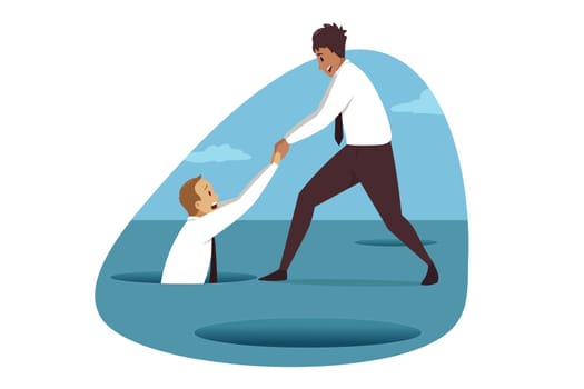 Business, bankruptcy rescue, parntership concept. African american businessman clerk manager character helping male colleague partner moving out from pit. Friendly support and saving from trouble.