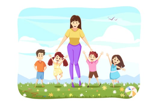 Woman standing with kids concept. Group of happy smiling schoolchildren or pupils boys girls and young female teacher standing together at field. Active summer recreation on weekend and leisure time.