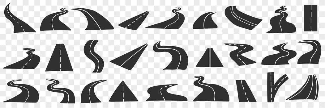 Road and highway doodle set. Collection of hand drawn various roads in different directions with no people and cars in rows isolated on transparent background