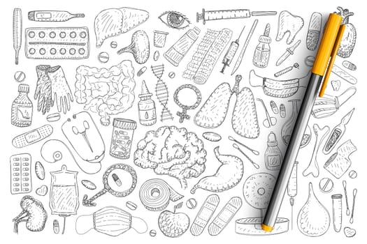 Medical recovery elements doodle set. Collection of hand drawn drugs treatment heating pad, thermometer, adhesive plaster, enema, dropper, vitamins and fruits isolated on transparent background