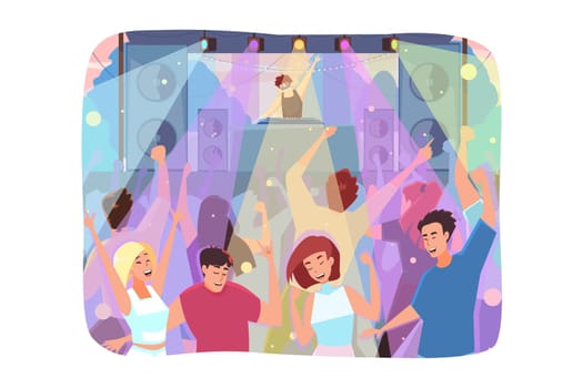 Music, party, dance, summer, fest concept. Crowd of happy young men and women characters having fun on open air concert or dancing at disco in night club. Active lifestyle and recreation illustration.