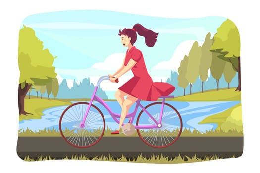 Cycling, sport, biking, leisure time concept. Young happy woman or girl character riding bicycle at park or square. Summer nature outdoor activity and healthy active lifestyle at weekend illustration.