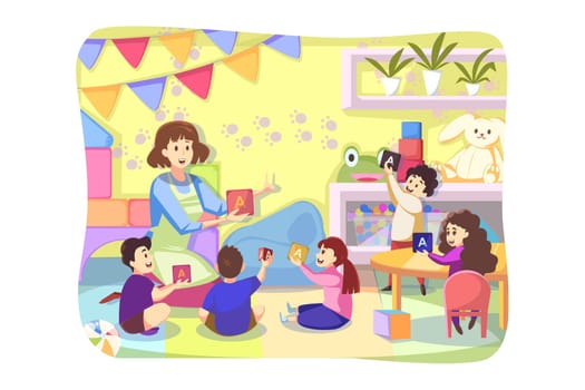 Game, care, kindergarten concept. Young woman teacher playing letter cubes with happy preschoolers kids boys girls together in playroom. Caring about children and education or teaching illustration.