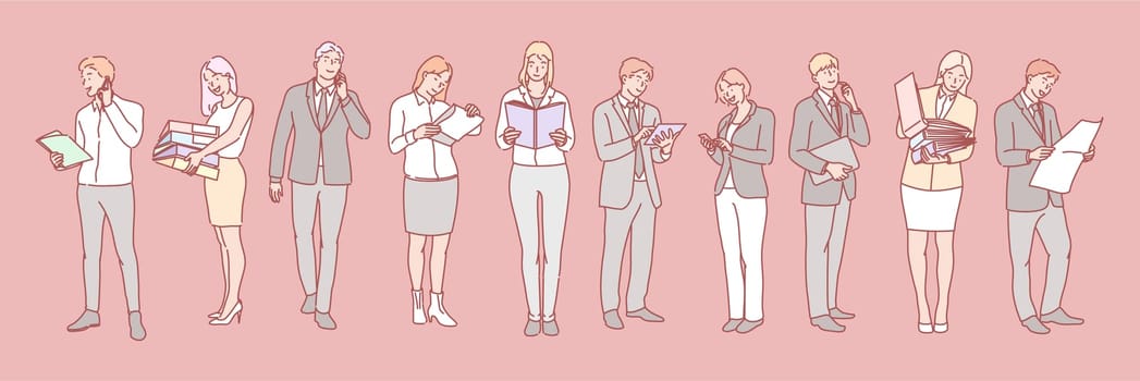 Office clerk, business set concept. Collection of business people, company managers or clerks communicating on smartphone. Illustration of business men and women coworkers isolated on pink background.