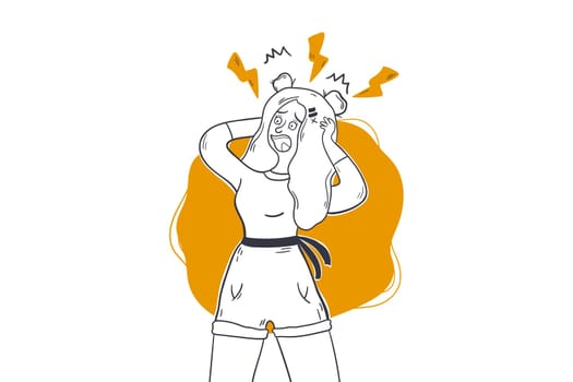Anxiety, panic, stress concept. Young depressed anxious frustrated woman with nervous problem feeling headache confusion of thoughts touching head. Mental disorder migraine and chaos in consciousness