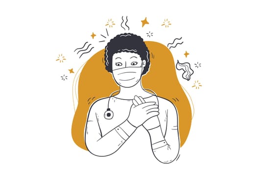 Healthcare, medicine, coronavirus pandemic concept. Kind hearted african amercian woman doctor nurse paramedic wears protective face mask from virus disease with hands on chest kindness and sympathy.