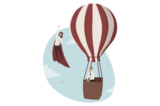 Business, career growth, goal achievement concept. Businessman clerk flying on hot air balloon watching at woman manager superhero moving high faster. Different motion to success and competition.