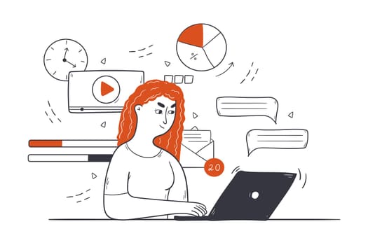Business, multitasking, time management concept. Young happy businesswoman clerk manager freelancer cartoon character with efficient work skills sits at laptop in office. Freelance and productivity