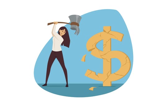 Investment, business, mining concept. Businesswoman manager worker entrepreneur lumberjack chopping big golden dollar sign. Cryptocurrency earning and digital finance internet commerce illustration.