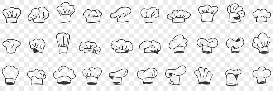 Cooks cap headdress doodle set. Collection of hand drawn various styles and shapes of hats for cook in restaurant for wearing on head personal accessories in rows isolated on transparent background