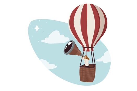 Search opportunity, business, discovery concept. Young confident clerk manager motivated businesswoman leader cartoon character looking at telescope on hot air balloon. Leadership and goal aspiration.