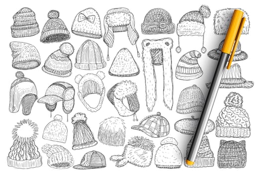 Various winter caps and hats doodle set. Collection of hand drawn stylish caps hats with fur for wearing outdoors during winter time isolated on transparent background. Illustration of headdress