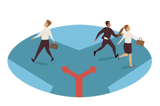 Business, path choice, separation direction concept. Businessman clerk manager leader separating from group team and walking different direction road to success. Career selection and new challenge.