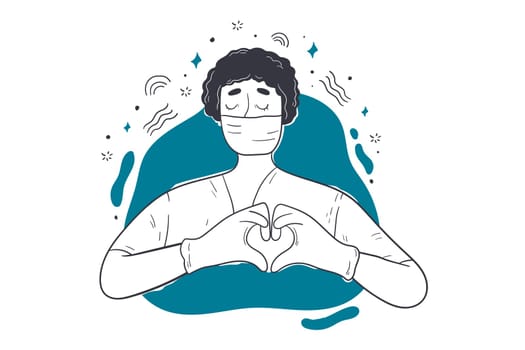 Healthcare, medicne, coronavirus protection concept. Young calm african amercian woman doctor nurse professional medic wear face mask showing heart symbol with hands. Medical love sign care safety.