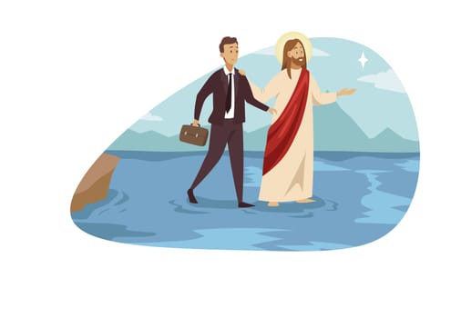 Support, christianity, business success concept. Jesus Christ religious biblical cartoon character son of God leading young happy businessman walking on water. Heaven blessing help goal achievement.