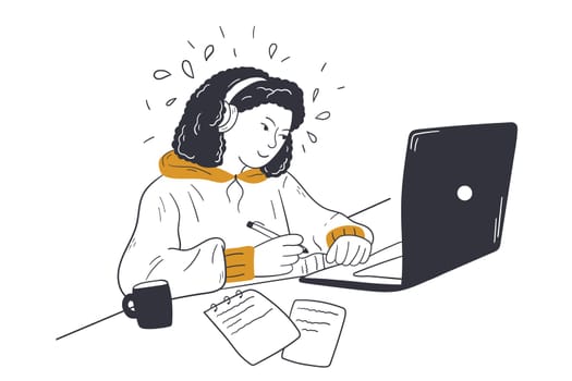 Call center, business, customer support concept. Young buinesswoman freelancer manager customer Service agent with headsets talking with client. Helpdesk, wireless education or freelance illustration.