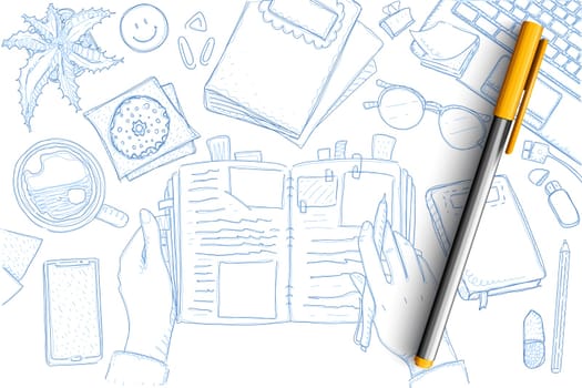 Notes of traveler doodle set. Collection of hand drawn tourist hands with notebook and memories, maps, starfish, smartphone, pencil, laptop and vacation symbols isolated on transparent background