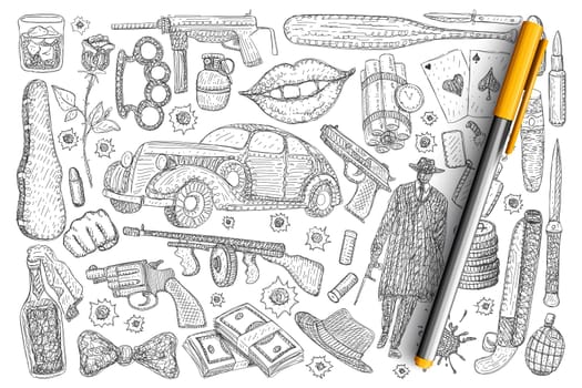 Crimes and robbery symbols doodle set. Collection of hand drawn gun money poison luxury car revolver pistol detective in hat isolated on transparent background. Illustration of criminal story