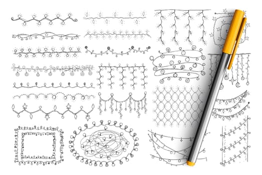 Elegant patterns and lines doodle set. Collection of hand drawn vintage decorative lines and patterns with floral and curving elements hanging and making circles isolated on transparent background