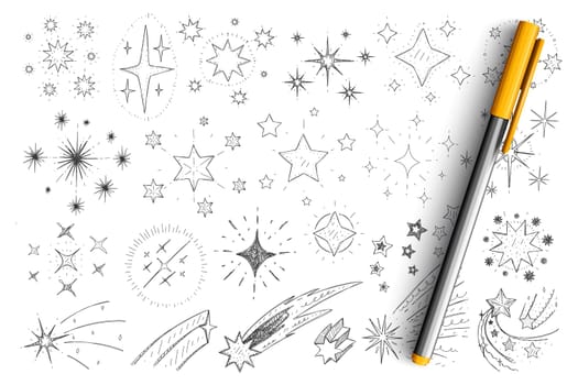 Stars and comets doodle set. Collection of hand drawn minimal silhouettes of stars, comet, constellation in galaxy and universe levitating and falling isolated on transparent background