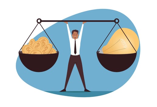 Management balance, leadership, business concept. Idea for money currency exchange. African american businessman leader manager cartoon character balancing holding big scales light bulb and coins.