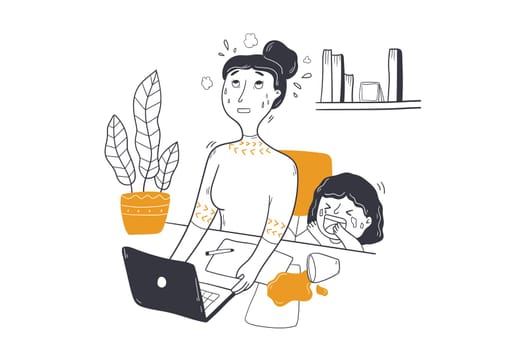 Business, freelance, mothers day concept. Stressed disturbed annoyed woman mom mother character working from home with crying kid chil interrupting preventing work. Motherhood childhood illustration.