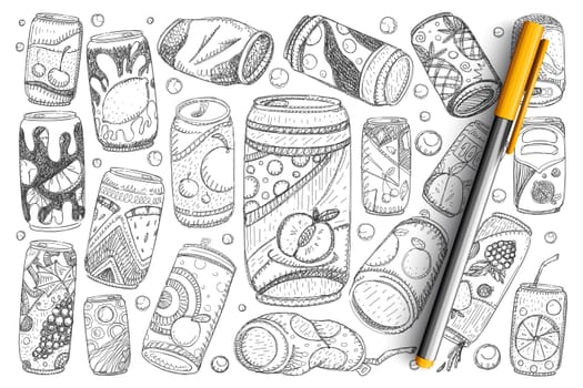 Jars with drinks doodle set. Collection of hand drawn fruit lemonade soda and refreshment drinks in metal bottles isolated on transparent background. Illustration of cold drinks for summer