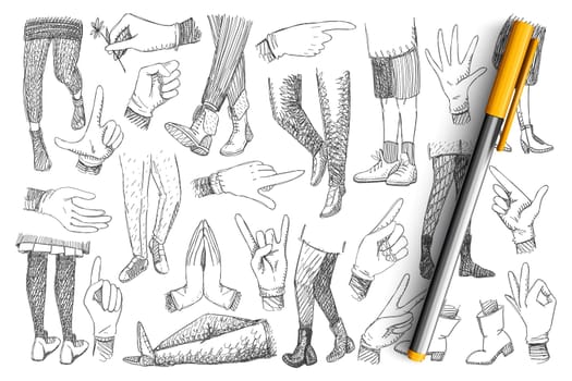 Legs and hands doodle set. Collection of hand drawn human hands expressing peace, ok and pointing at different directions and legs in footwear walking and standing isolated on transparent background