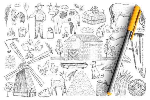 Agriculture and farm doodle set. Collection of hand drawn farmer, animals, harvesting, haystacks, village house and feeding places in stalls isolated on transparent background. Illustration of farm