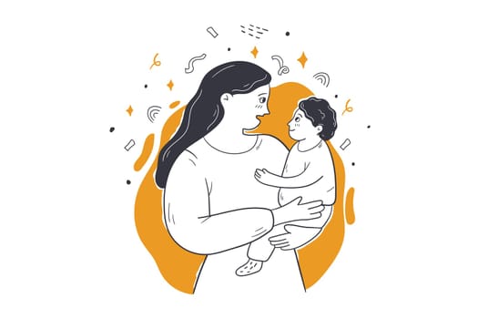 Love, motherhood, childhood concept. Young woman mother mum cartoon character holding carrying young on kid child boy on hands. Family care relationship mothers day and lifestyle vector illustration.