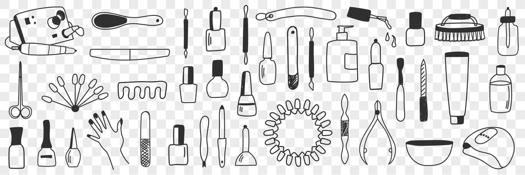 Equipment for manicure doodle set. Collection of hand drawn various tools as nail polish machines lamps scissors for making professional manicure in beauty salon isolated on transparent background