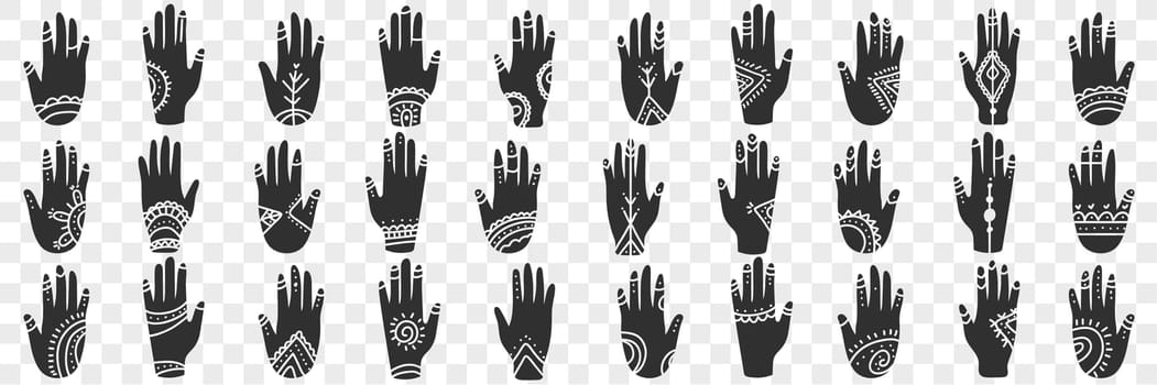 Human hands with occult signs doodle set. Collection of hand drawn various black human hands with spiritual signs and symbols in rows isolated on transparent background