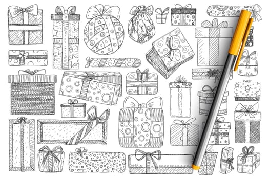 Holiday present in boxes doodle set. Collection of hand drawn festive holiday gifts in wrapping paper decorated with ribbons isolated on transparent background. Illustration of birthday and Christmas