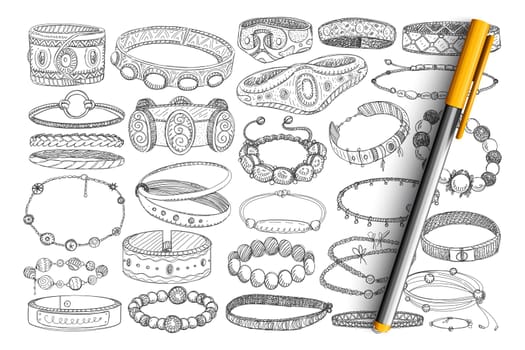 Bracelets and baubles doodle set. Collection of hand drawn stylish bracelets with stones, metals, jewels for wearing as accessories isolated on transparent background. Illustration of fashion baubles